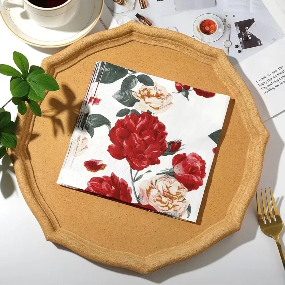 Two (2) Individual Red and Cream Roses Decoupage Luncheon Size Napkins